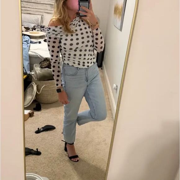 AFRM Black White Polkadot One Shoulder Mesh Top LARGE Ruched Sheer $48 - Picture 5 of 12